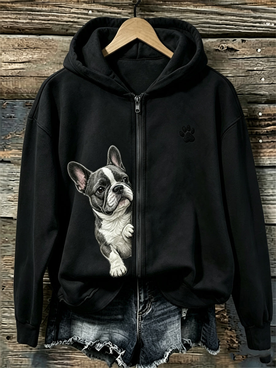 Women's Peeking French Bulldog & Paw Print Full Zip Hoodie