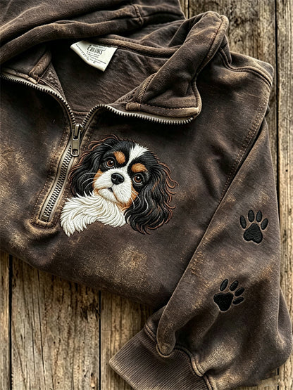 Women's Peeking King Charles Dog & Paw Prints Print Zip Up Sweatshirt