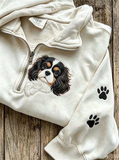 Women's Peeking King Charles Dog & Paw Prints Print Zip Up Sweatshirt