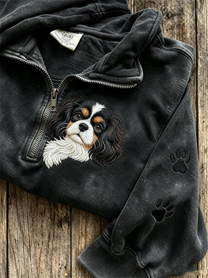 Women's Peeking King Charles Dog & Paw Prints Print Zip Up Sweatshirt