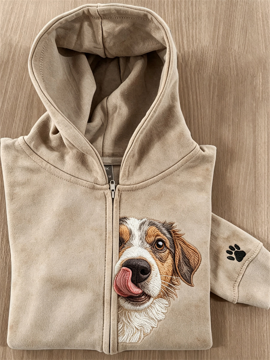 Women's Peeking Fuzzy Dog & Paw Print Full Zip Hoodie