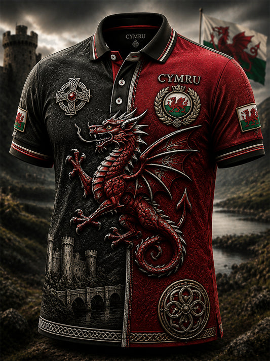 Men's Welsh Red Dragon Printed Polo Shirt