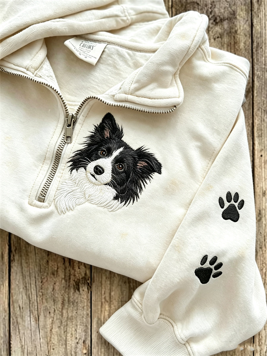 Women's Peeking Border Collie Dog & Paw Print Zip Up Sweatshirt