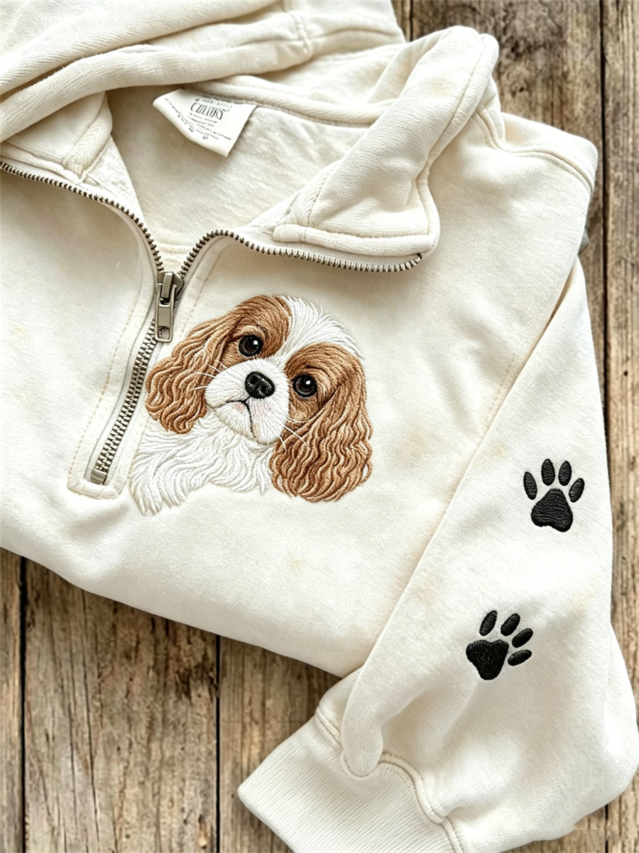 Women's Peeking King Charles Dog & Paw Prints Zip Up Sweatshirt