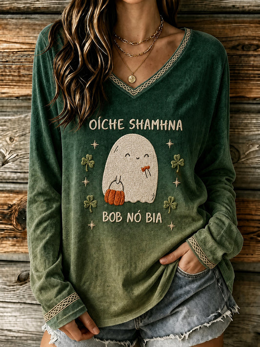 Women's Irish Halloween Samhain Print V-Neck T-Shirt