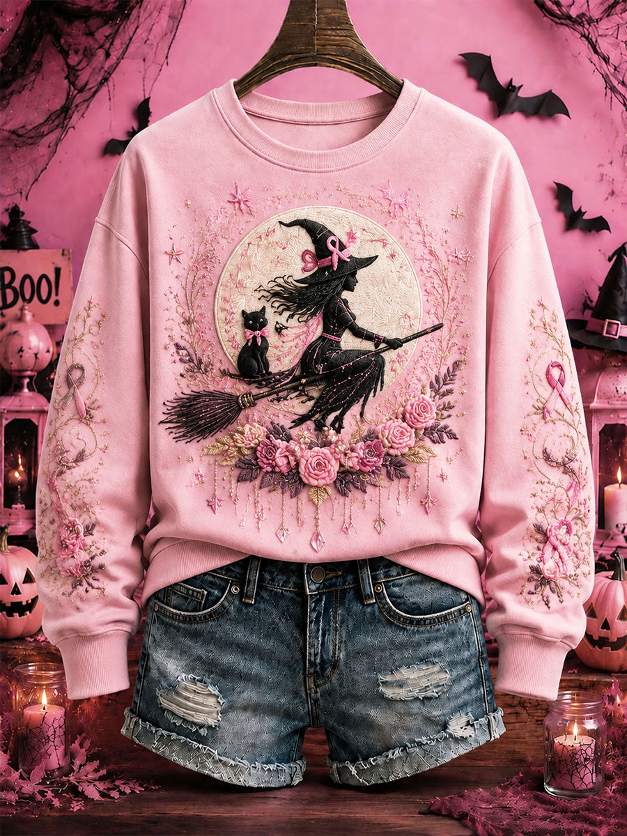 Women's Breast Cancer Awareness Halloween Witch-Themed Casual Regular Sweatshirt