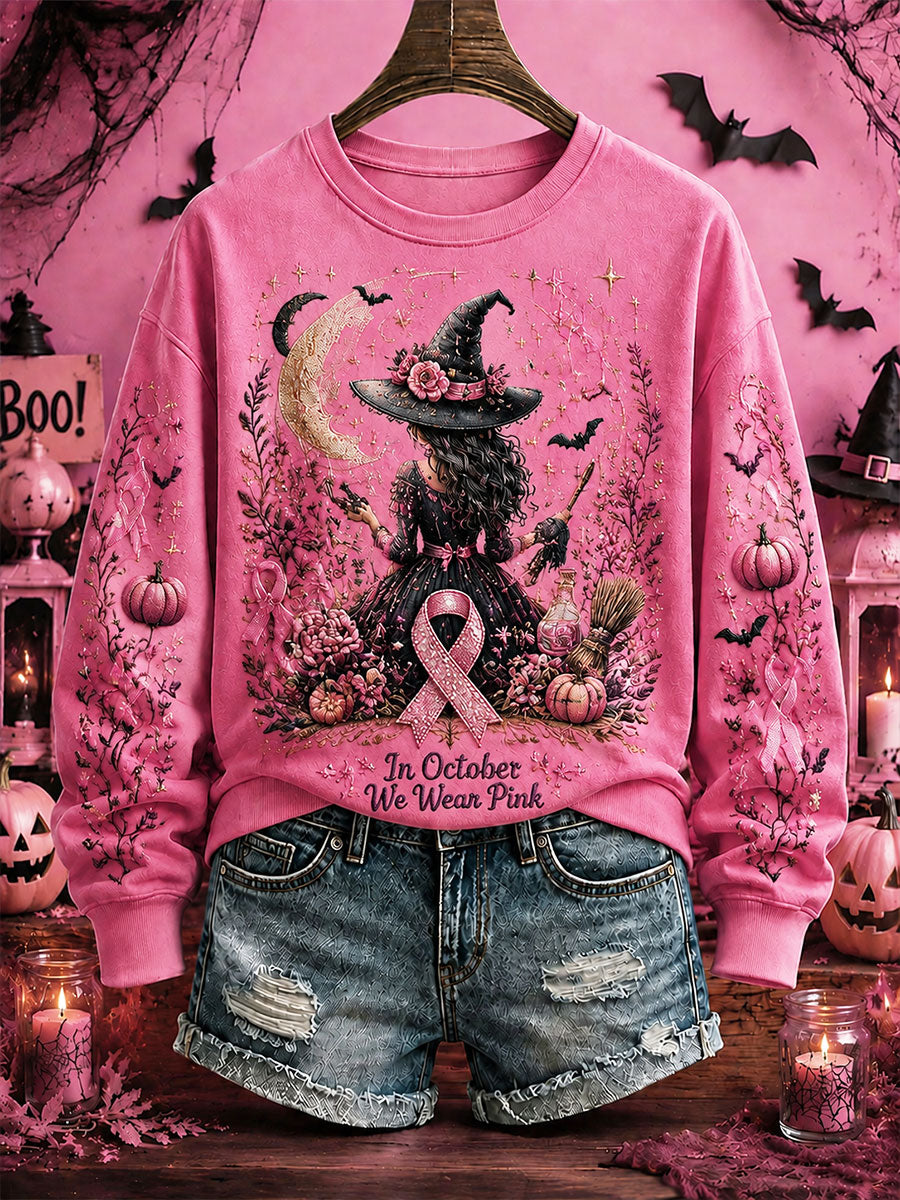 Women's Breast Cancer Awareness Halloween Witch-Themed Casual Regular Sweatshirt