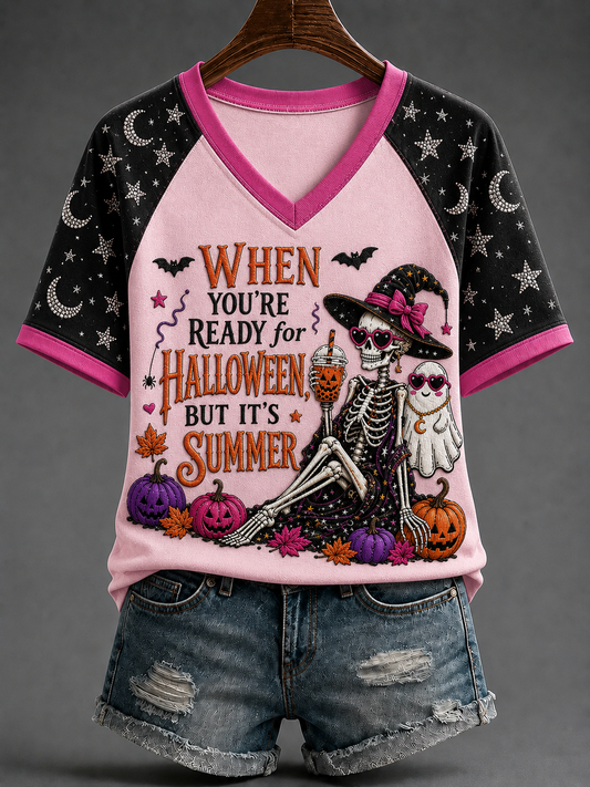 Women's When You're Ready For Halloween, But It's Summer V-neck Off-shoulder Short-sleeved T-shirt