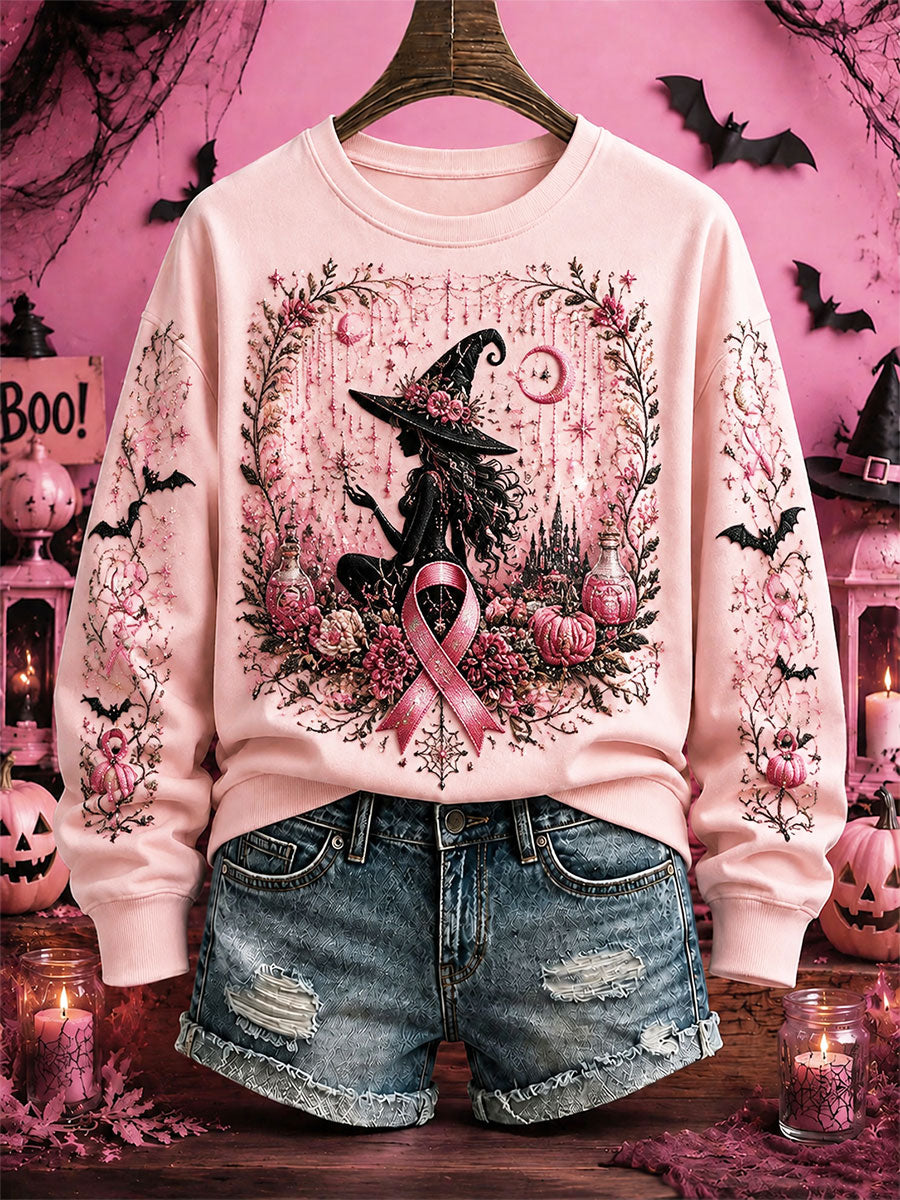Women's Breast Cancer Awareness Halloween Witch-Themed Casual Regular Sweatshirt