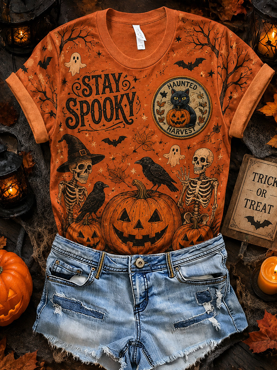 Women's Short-Sleeve T-Shirt With Halloween-Themed Print