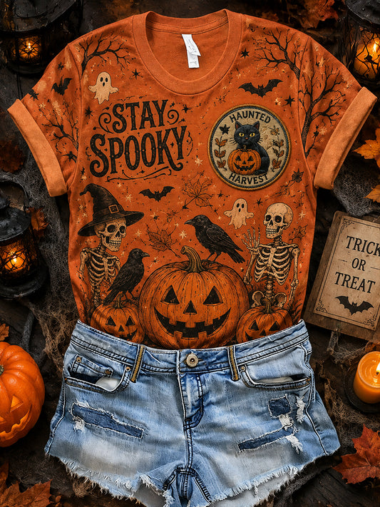 Women's Short-Sleeve T-Shirt With Halloween-Themed Print