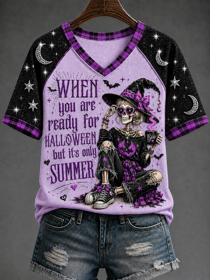 Women's When You're Ready For Halloween, But It's Summer V-neck Off-shoulder Short-sleeved T-shirt
