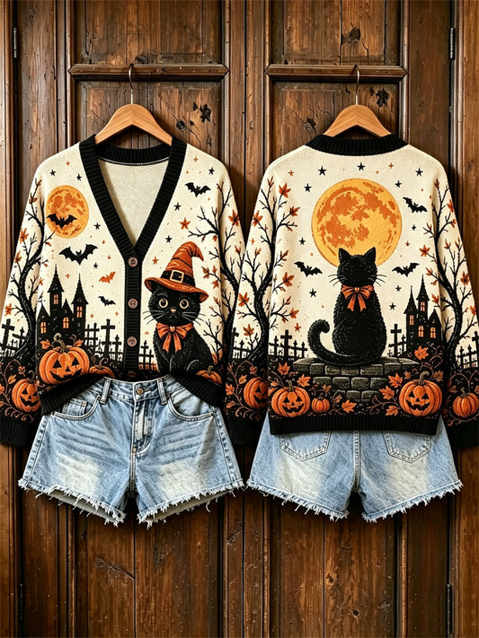 Women's Vintage Halloween Black Cat Castle Full Moon Night Print Cardigan