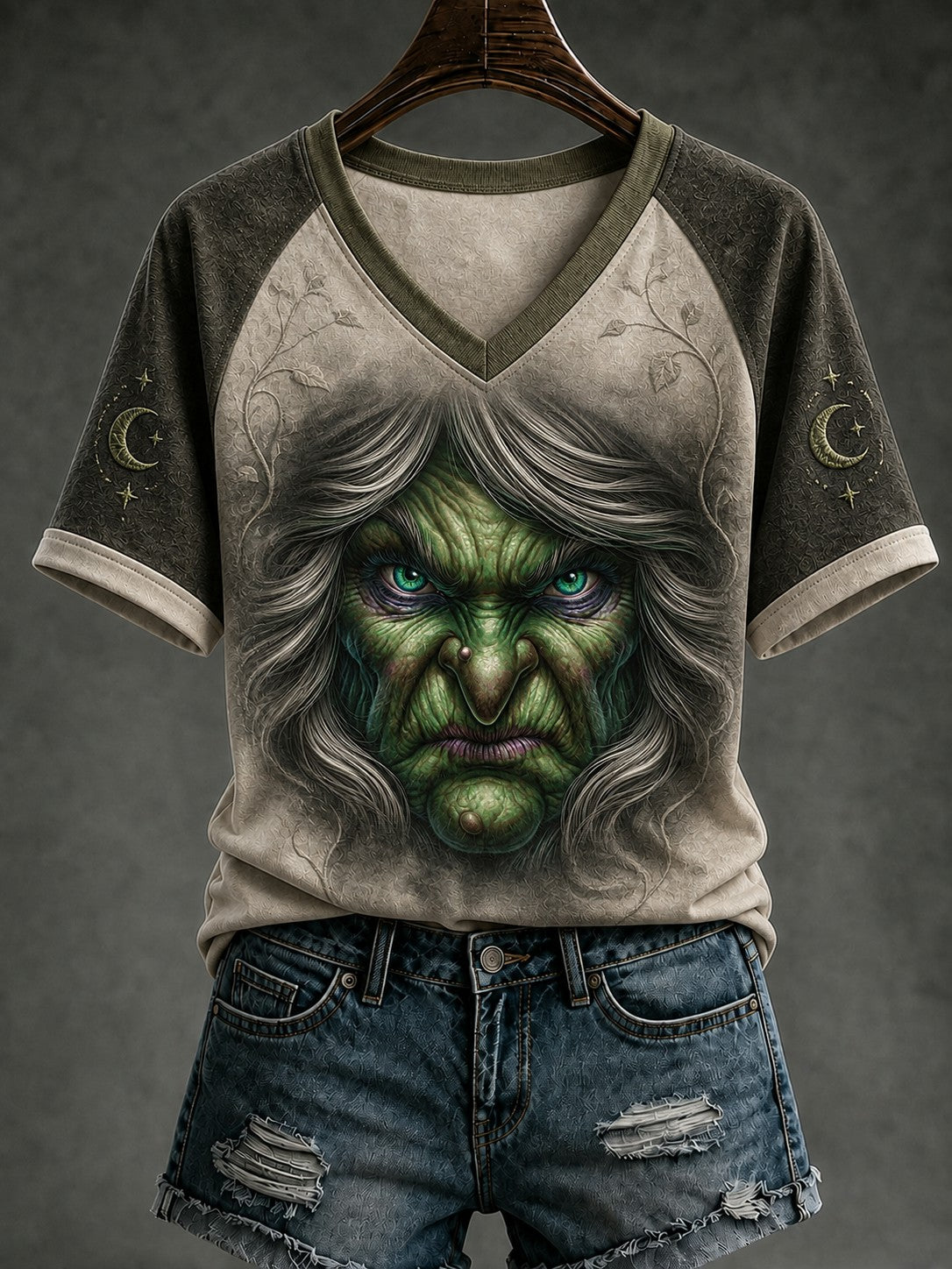 Women's Halloween Witch Face Printed V-neck T-shirt