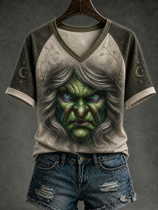 Women's Halloween Witch Face Printed V-neck T-shirt