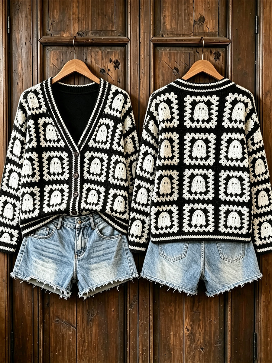 Women's Vintage Halloween Ghosts Crochet Pattern Print Cardigan