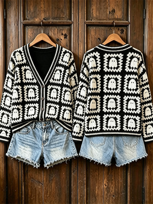 Women's Vintage Halloween Ghosts Crochet Pattern Print Cardigan