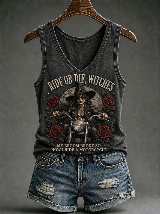 Women's My Broom Broke So Now I Ride A Motorcycle Halloween Witch Print Vest Top