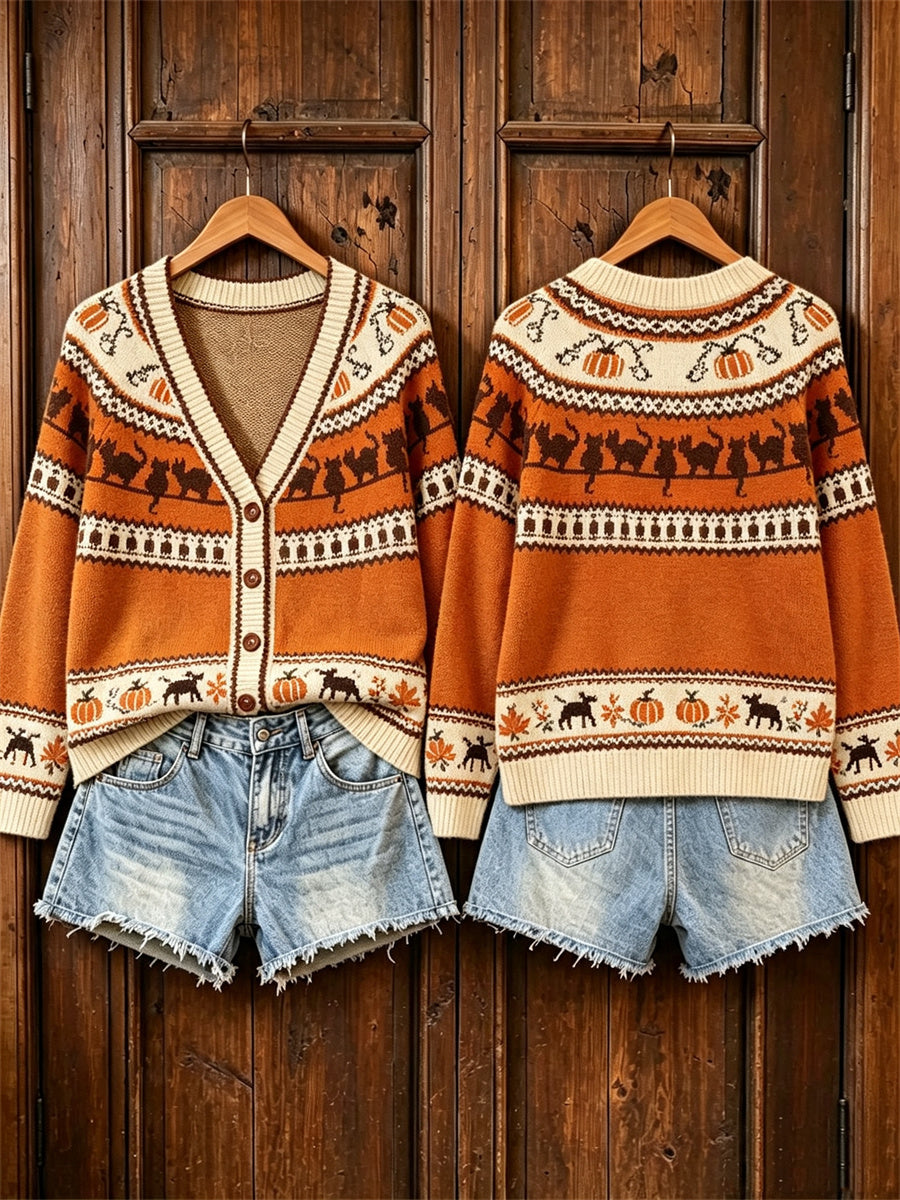 Women's Vintage Halloween Cats Pumpkins Fall Isle Pattern Print Cardigan