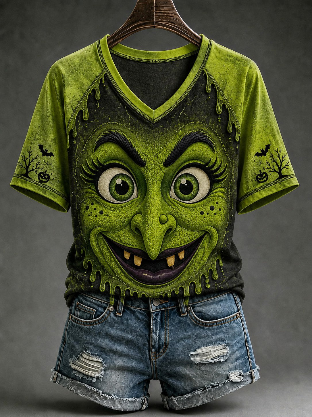 Women's Halloween Witch Face Printed V-neck T-shirt