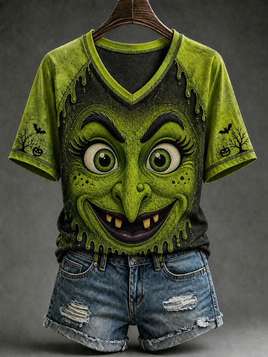Women's Halloween Witch Face Printed V-neck T-shirt