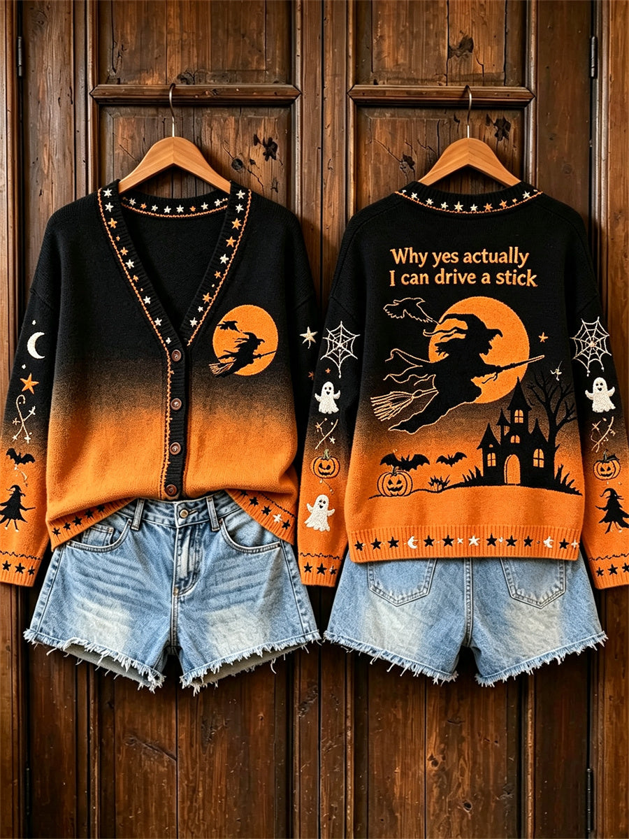 Women's Why Yes I Can Drive A Stick Halloween Witch Gradient Print Cardigan