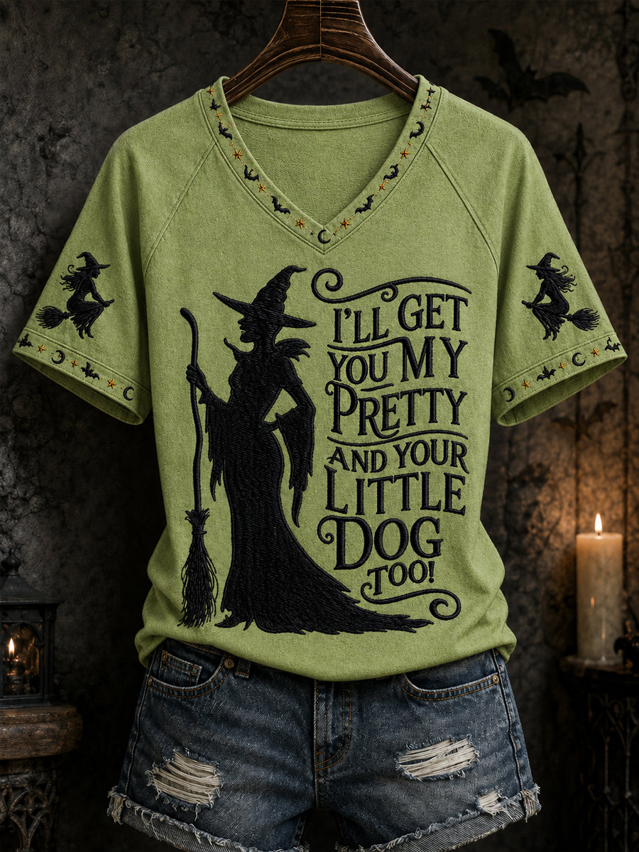 Women's Funny Halloween Witch Print Casual V-Neck Tee