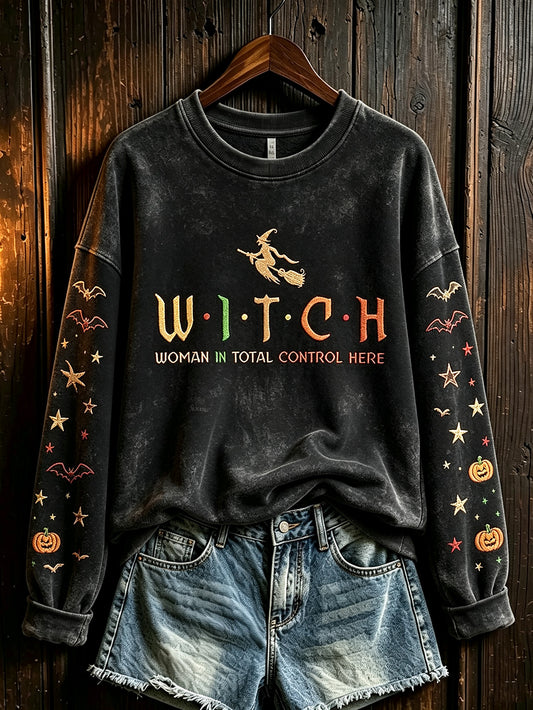 Women's retro Halloween pattern printed casual sweatshirt