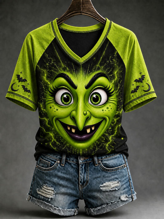 Women's Halloween Witch Face Printed V-neck T-shirt