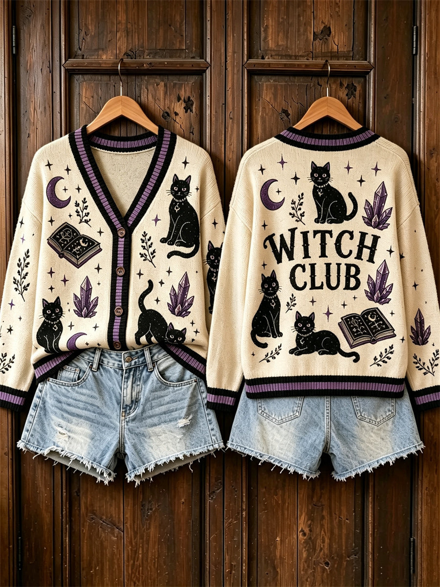 Women's Vintage Witch Club Halloween Black Cats Mystical Print Cardigan