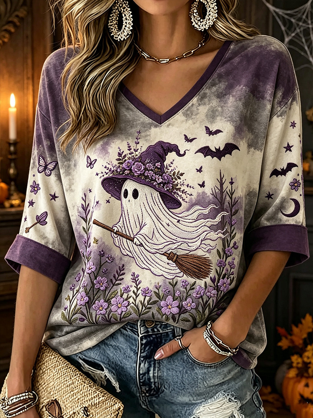 Women's Retro Halloween Pattern Printed Casual Mid-length Sleeves V-Neck T-Shirt