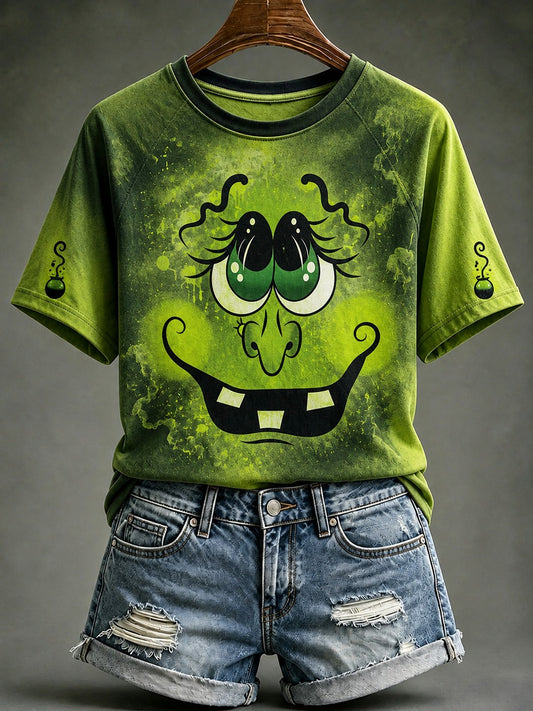 Women's Halloween Witch Face Printed T-shirt