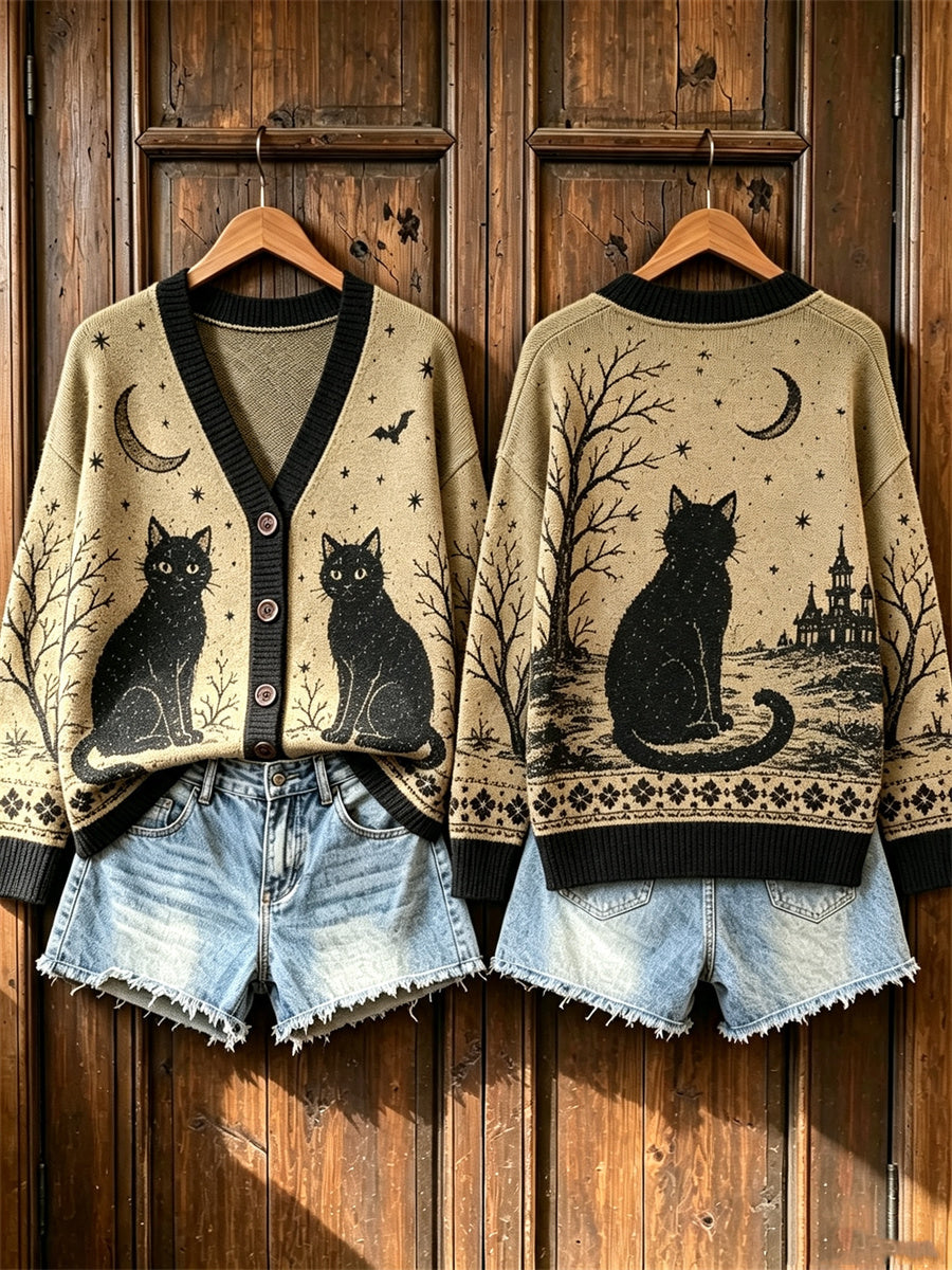 Women's Vintage Halloween Black Night Witch Castle Print Cardigan