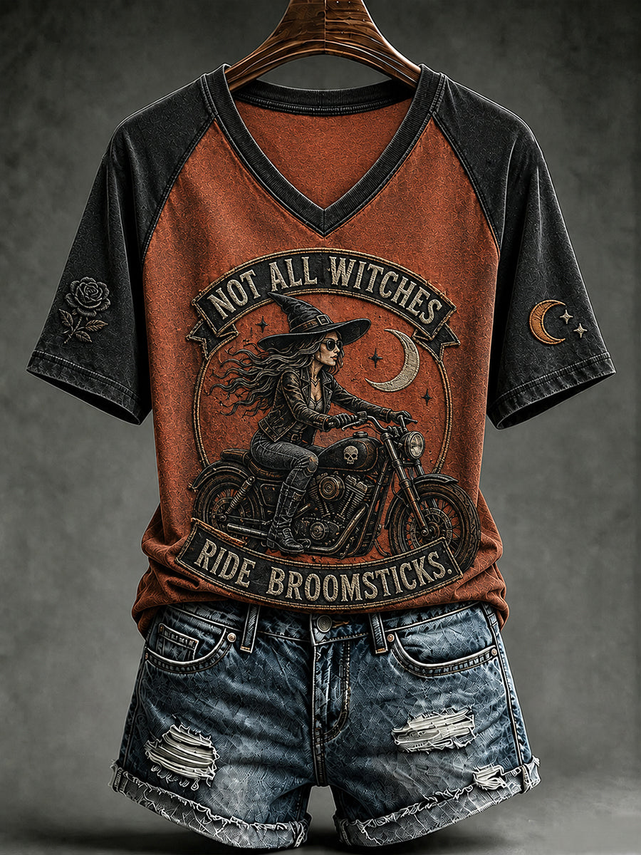 Women's NOT ALL WITCHES RIDE BROOMSTICKS Print V-neck T-shirt