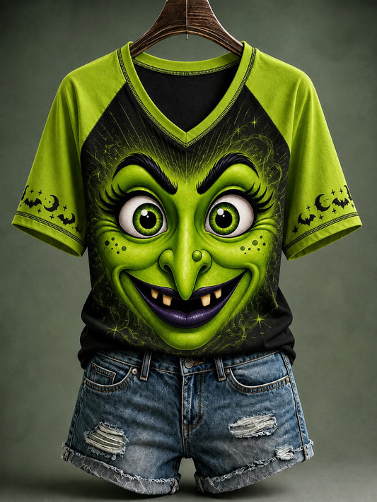 Women's Halloween Witch Face Printed V-neck T-shirt