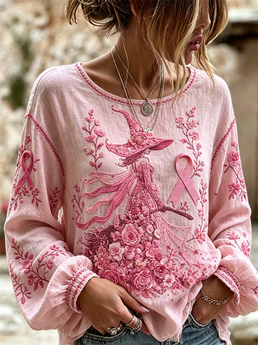Women's Halloween Pink Witch Floral Pink Ribbon Print Cotton-Linen Shirt