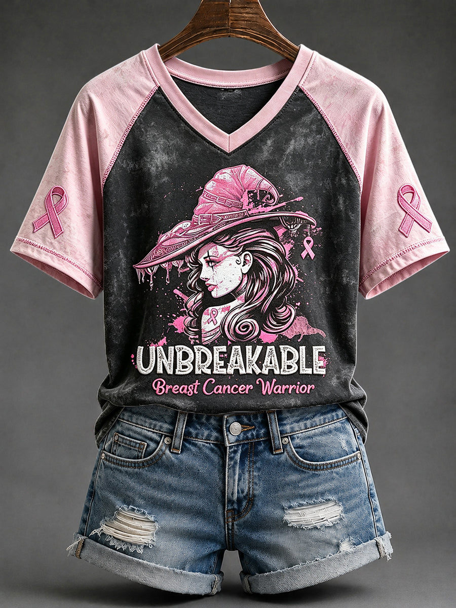 Women's Halloween Breast Cancer Warrior Unbreakable Print V-neck Short-sleeved T-shirt