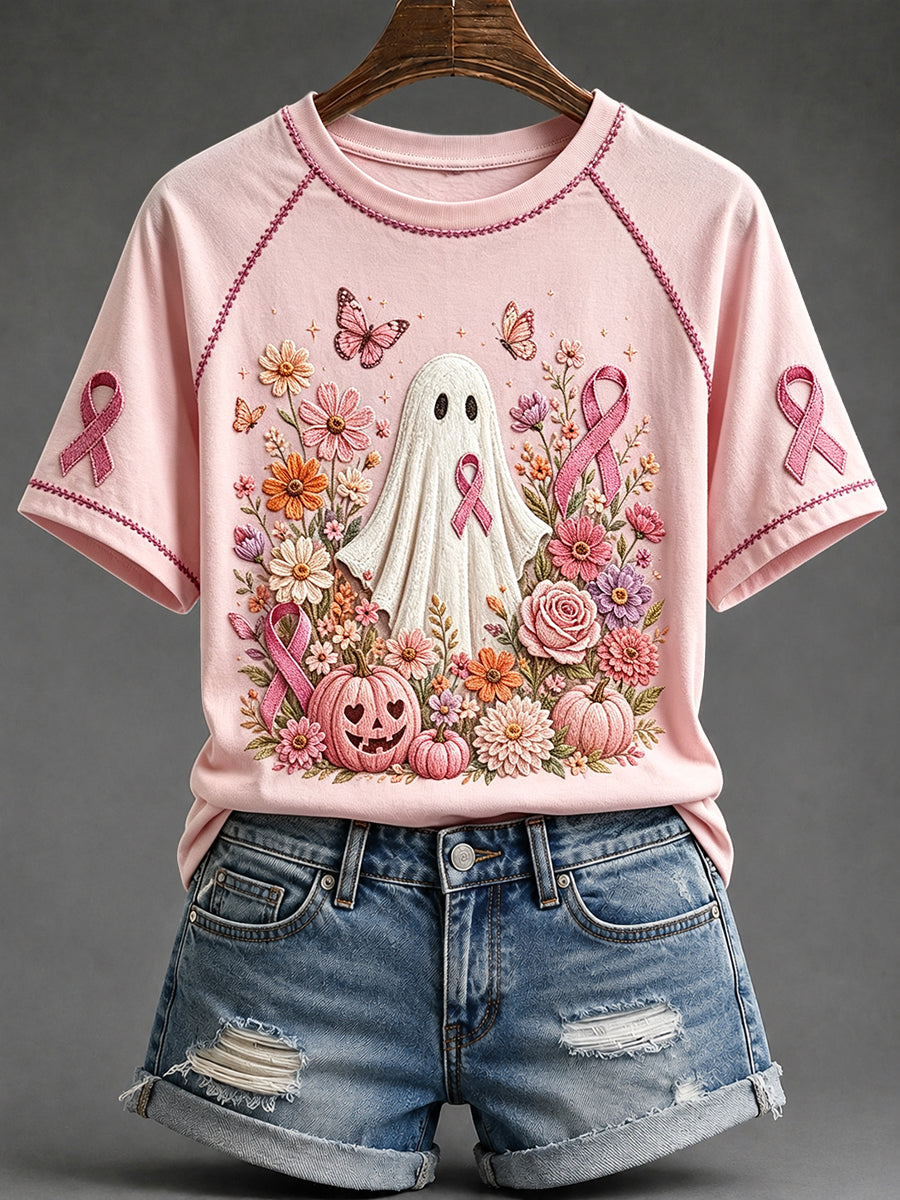 Women's Breast Cancer Awareness Ghost Halloween Print Round Neck Short Sleeve T-shirt