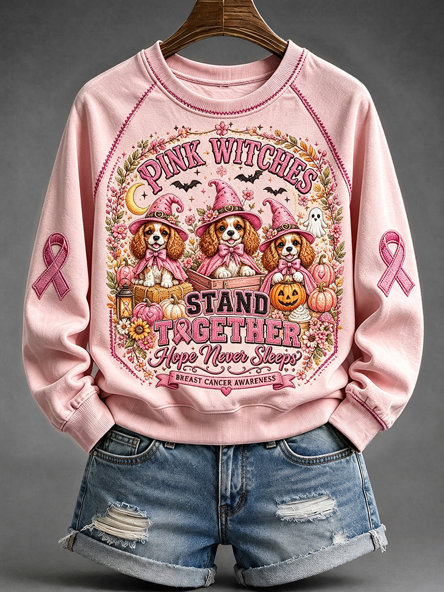 Women's Pink Witches Cavalier Dog Print Cozy Sweatshirt