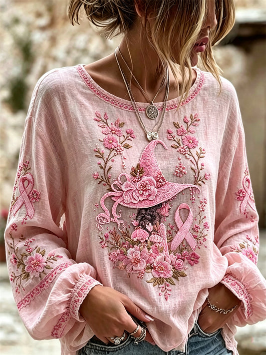 Women's Halloween Pink Witch Floral Pink Ribbon Print Cotton-Linen Shirt