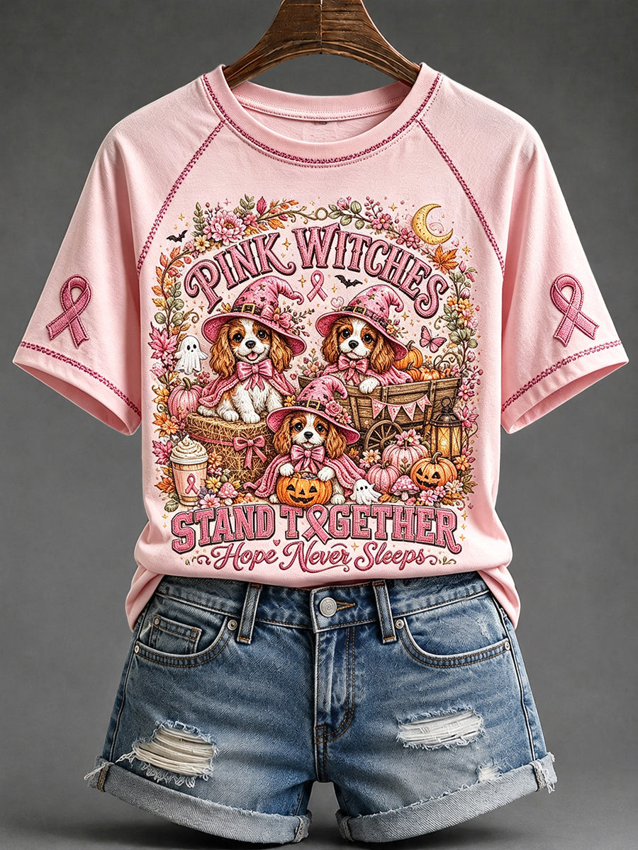 Women's Pink Witches Cavalier Dog Print Round Neck Short Sleeve T-shirt