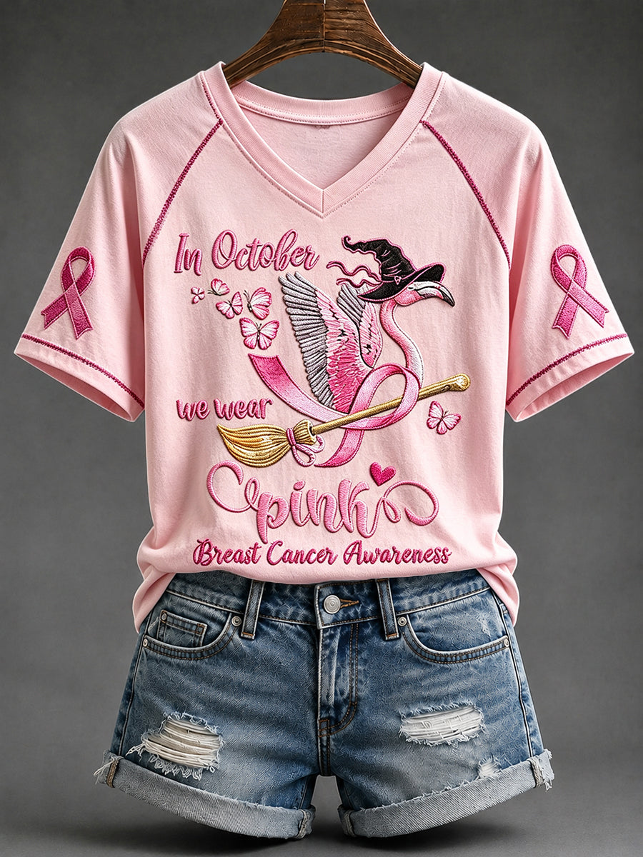 Women's In October We Wear Pink Ribbon Flamingo Breast Cancer Print V-neck Short-sleeved T-shirt