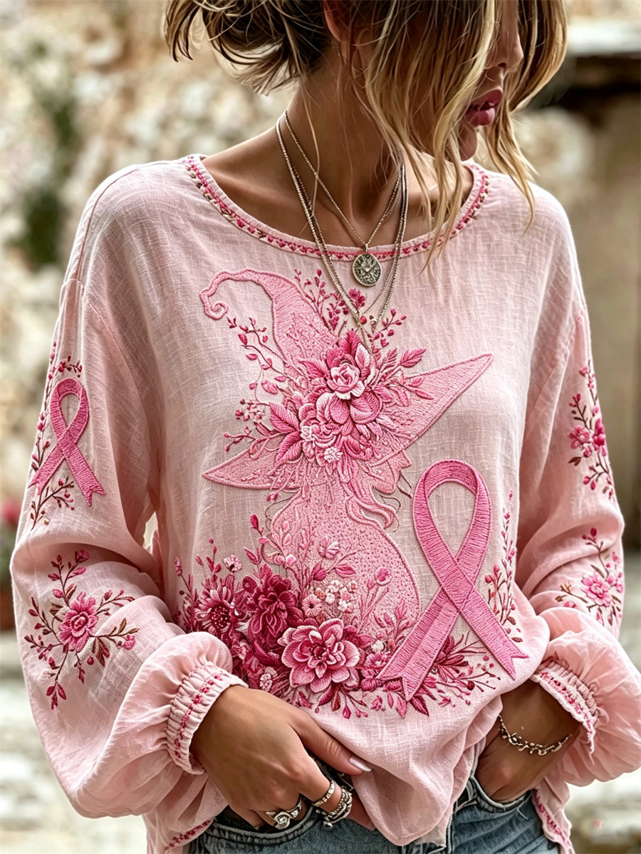 Women's Halloween Pink Witch Floral Pink Ribbon Print Cotton-Linen Shirt