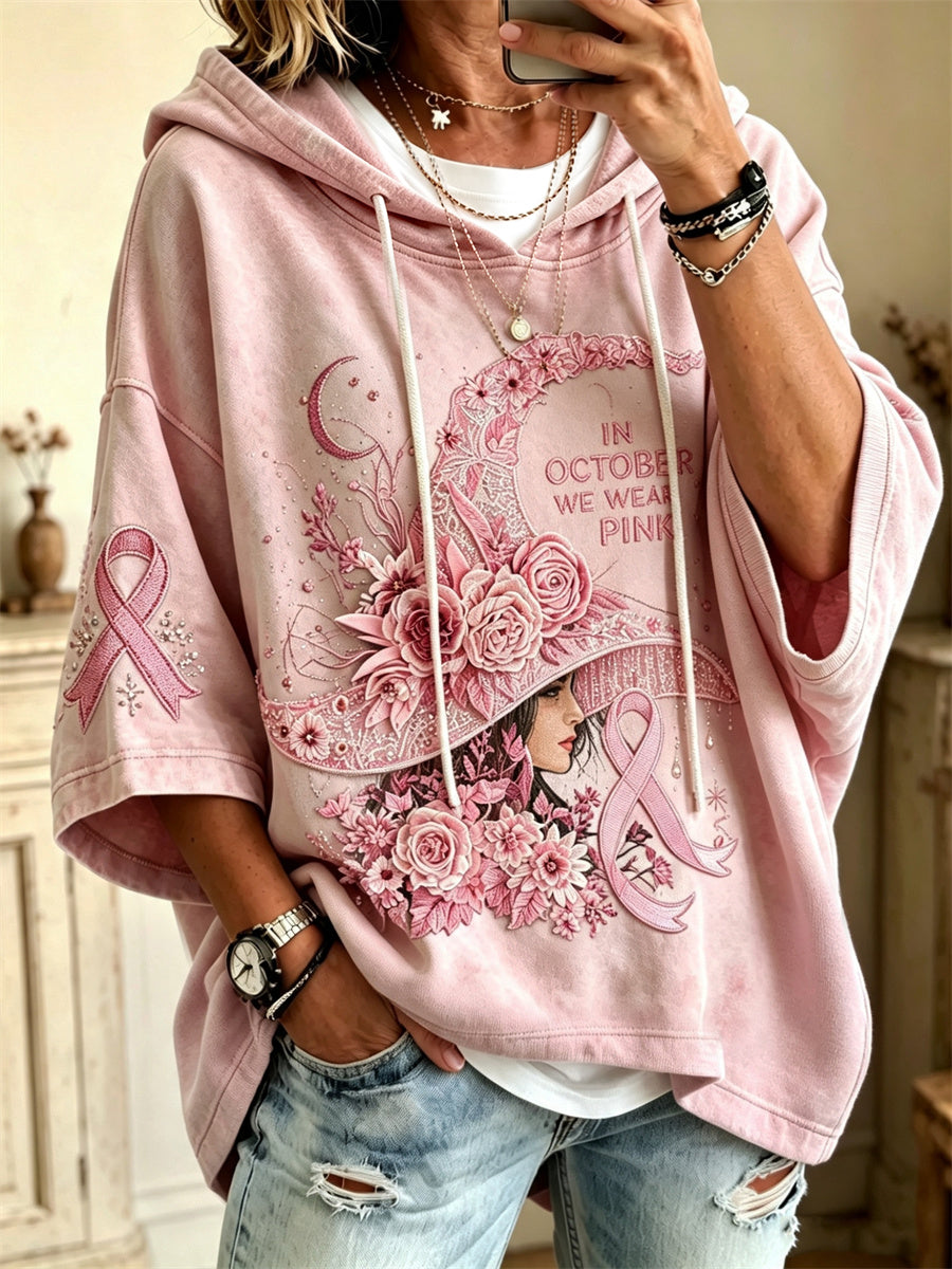 Women's In October We Wear Pink Halloween Pink Witch Floral Pink Ribbon Print Mid Sleeve Oversize Hoodie