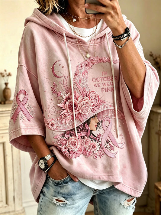 Women's In October We Wear Pink Halloween Pink Witch Floral Pink Ribbon Print Mid Sleeve Oversize Hoodie