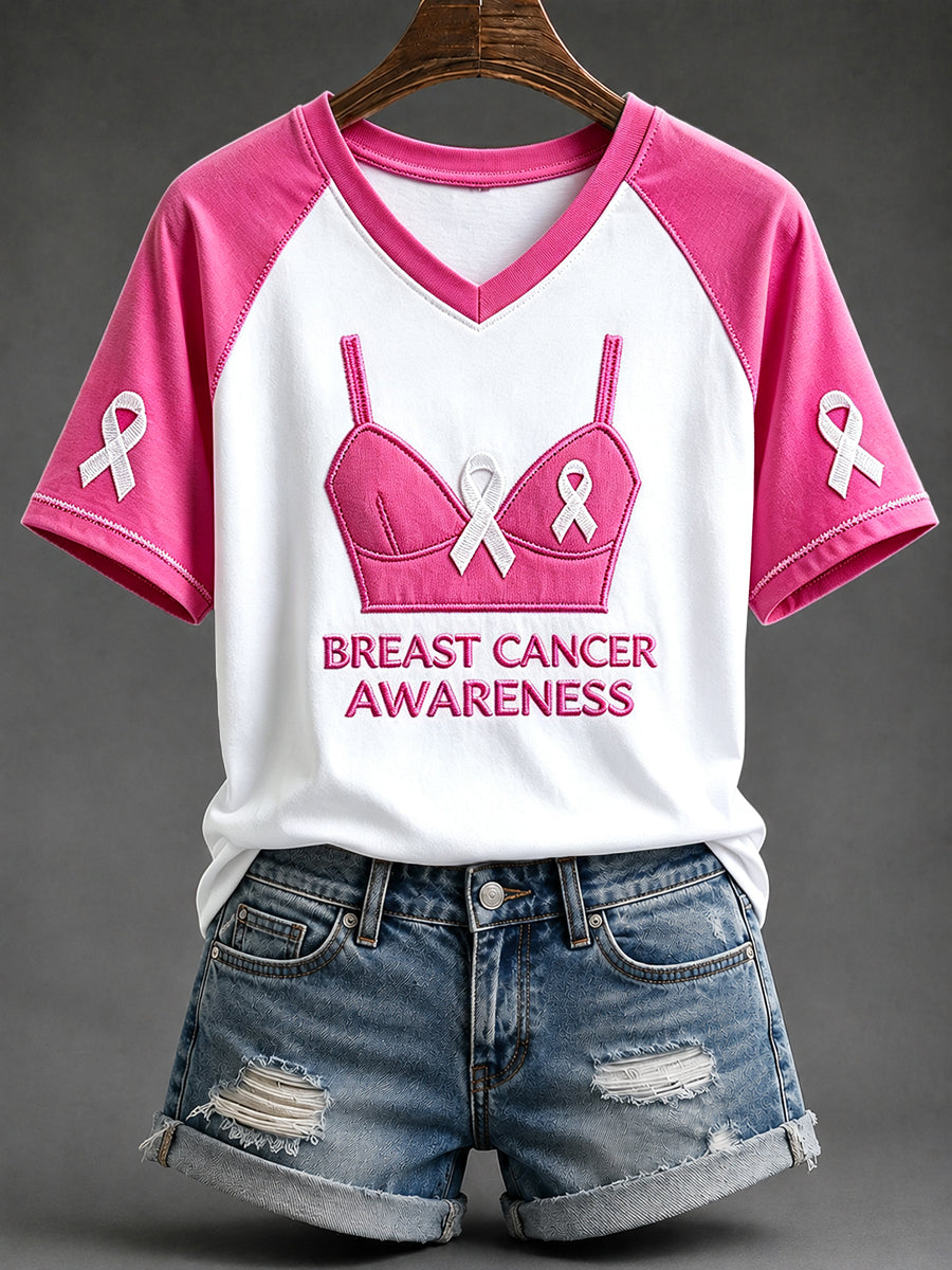 Women's Breast cancer Awareness Pink Ribbon Print V-neck Short-sleeved T-shirt