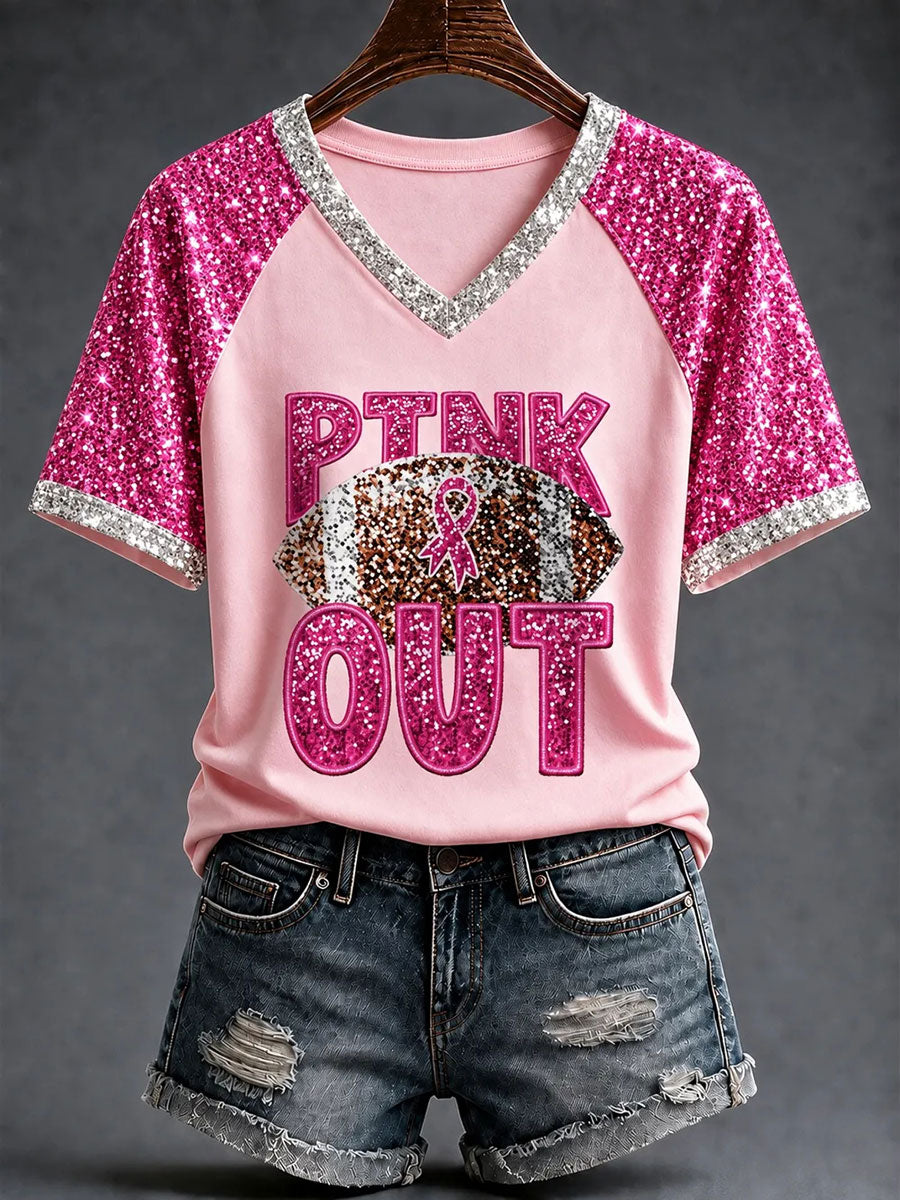 Women's Pink Out Football Breast Cancer Awareness V-neck T-shirt