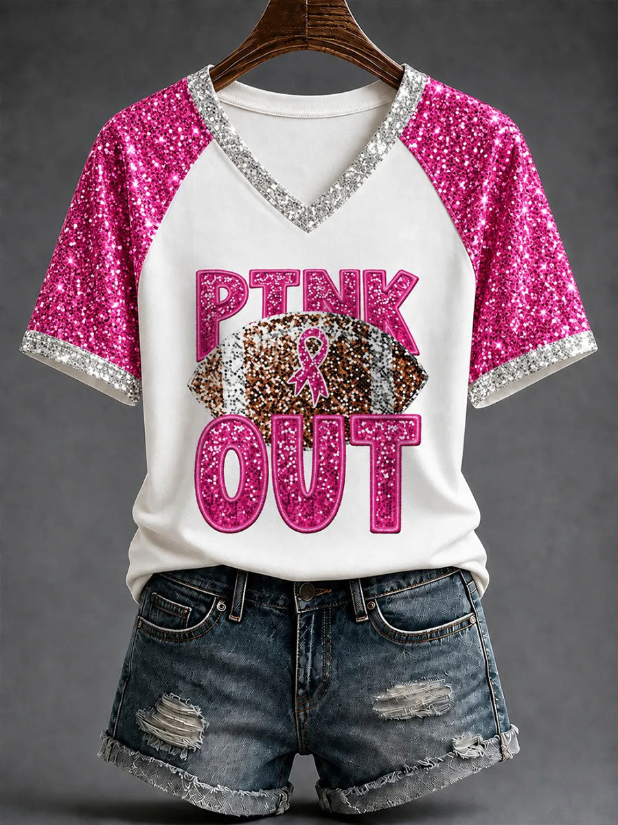 Women's Pink Out Football Breast Cancer Awareness V-neck T-shirt