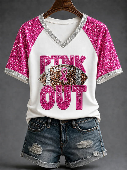 Women's Pink Out Football Breast Cancer Awareness V-neck T-shirt