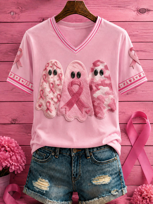 Women's Halloween Breast Cancer Pink Flowers Printed V-neck T-shirt